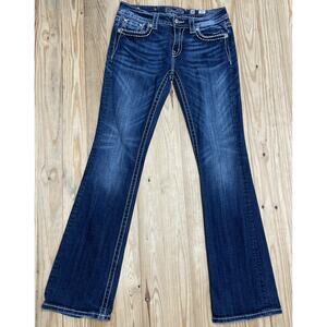 Miss Me Signature Boot Cut Blue Jeans Rhinestone Thick Stitch EUC Women’s 30